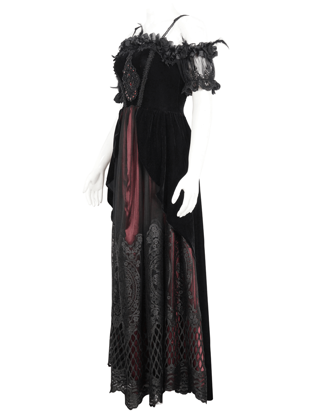 Elegant off-the-shoulder black and burgundy velvet Victorian ball gown dress with dramatic lace details.