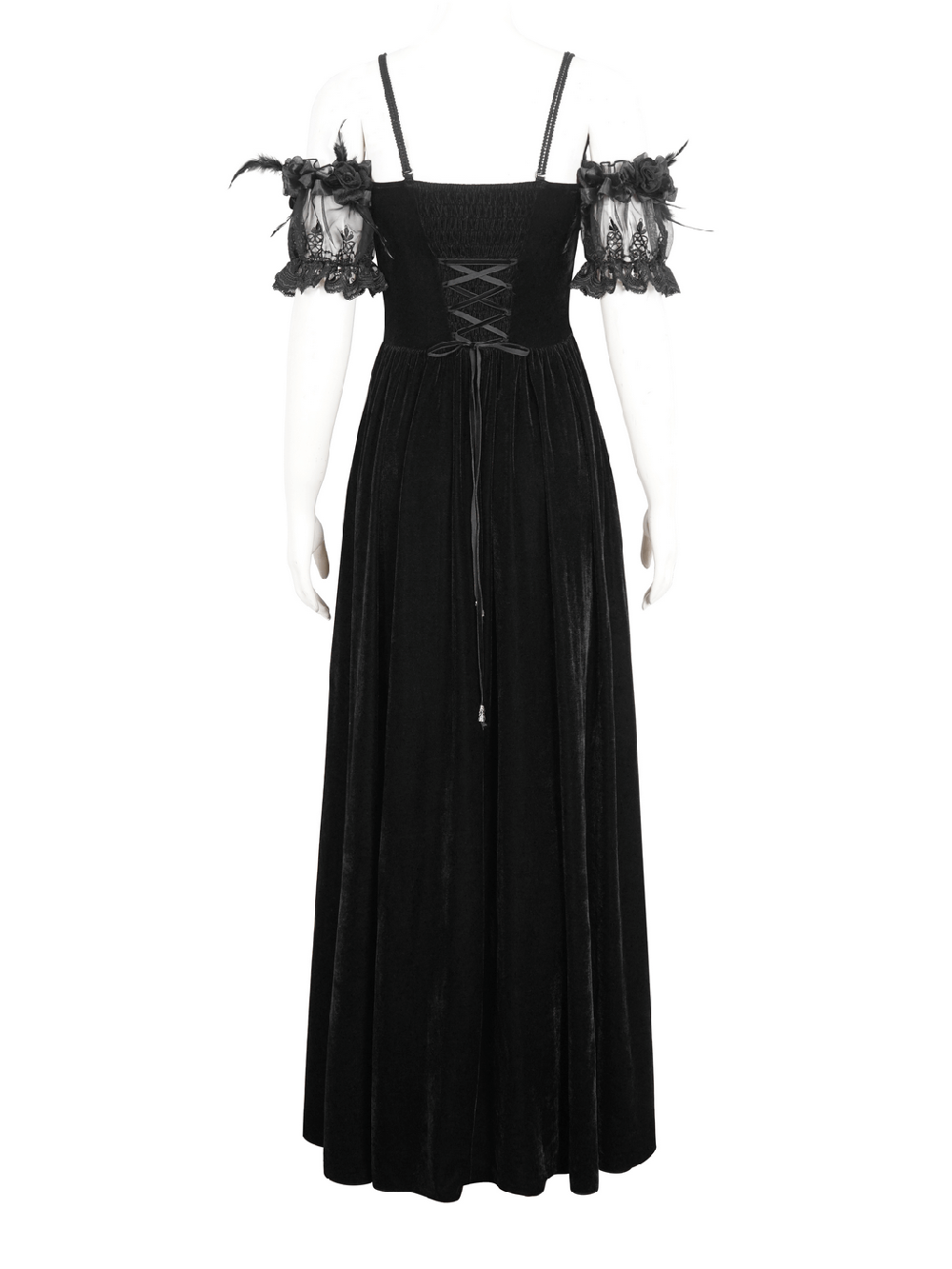 Back view of an elegant black velvet off-the-shoulder Victorian dress with lace details.