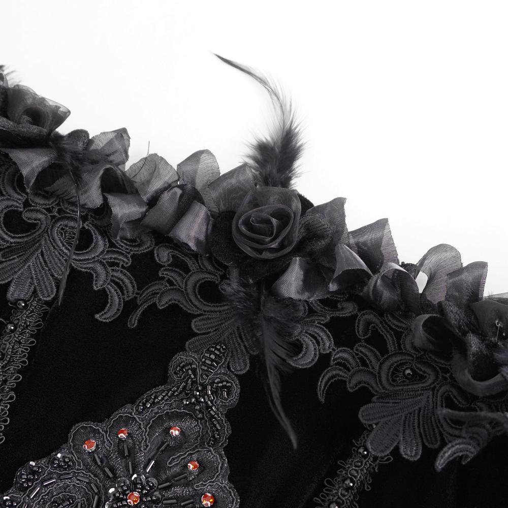 Elegant black velvet gown details with lace, ruffles, and rose accents for a gothic Victorian look.