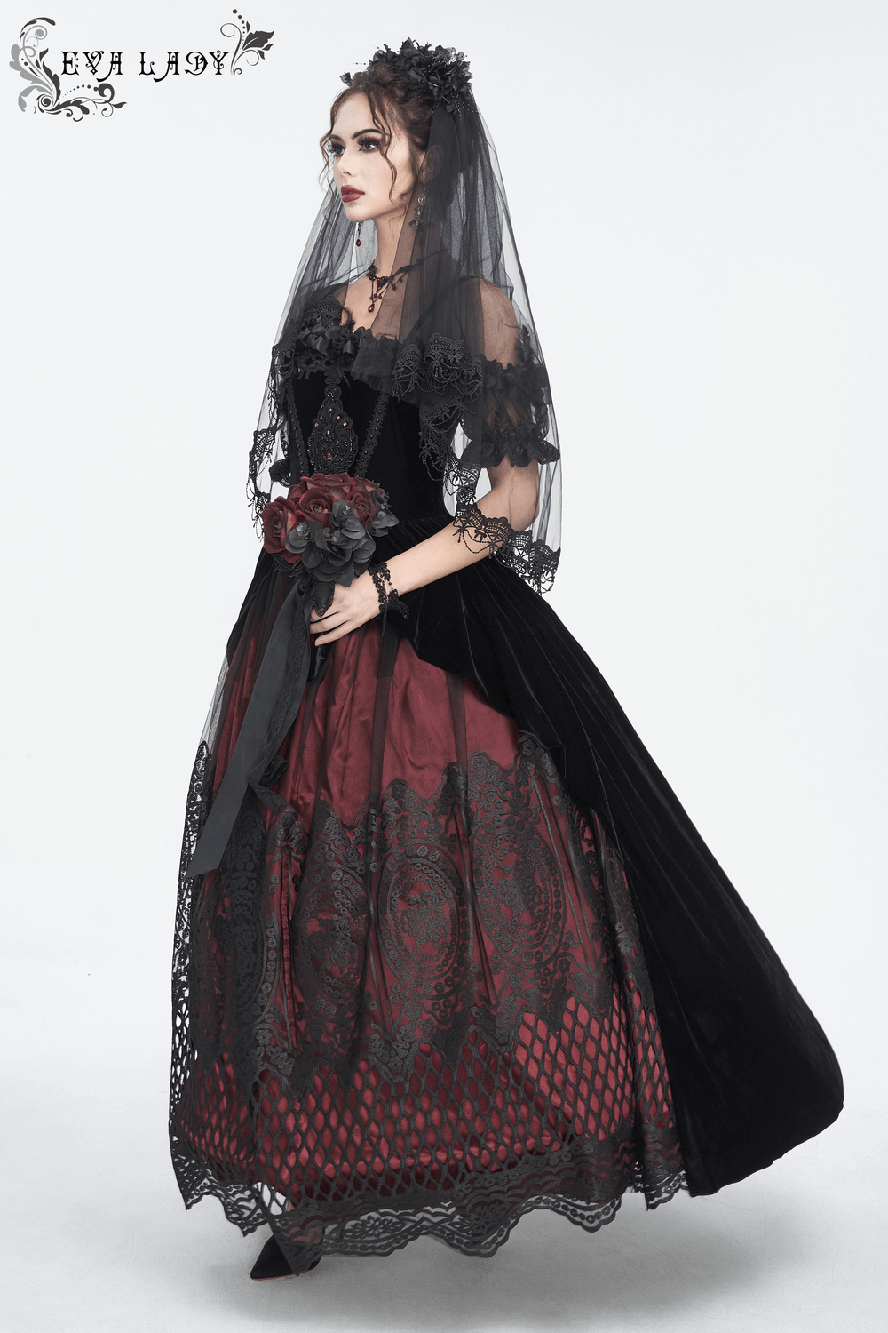 Elegant black and burgundy Victorian ball gown with off-the-shoulder neckline and dramatic skirt for gothic fashion.