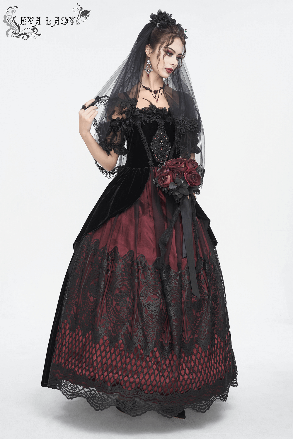 Elegant Velvet Off-The-Shoulder Victorian Dress