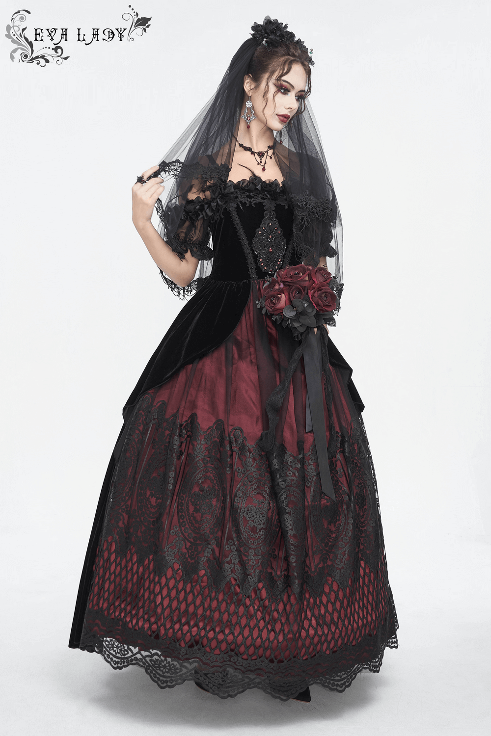 Elegant off-the-shoulder Victorian dress in black and burgundy velvet, perfect for gothic night events.