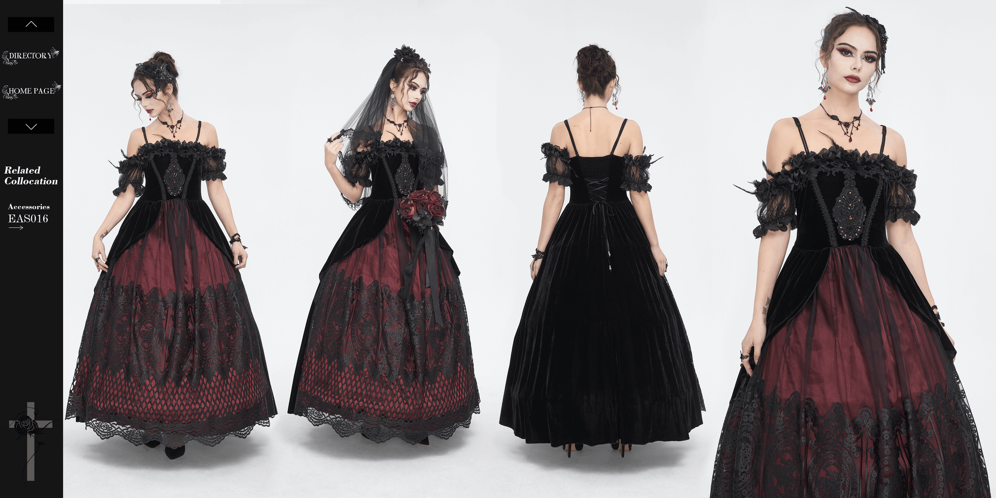 Elegant off-the-shoulder Victorian dress in black and burgundy velvet, perfect for gothic fashion and Halloween.