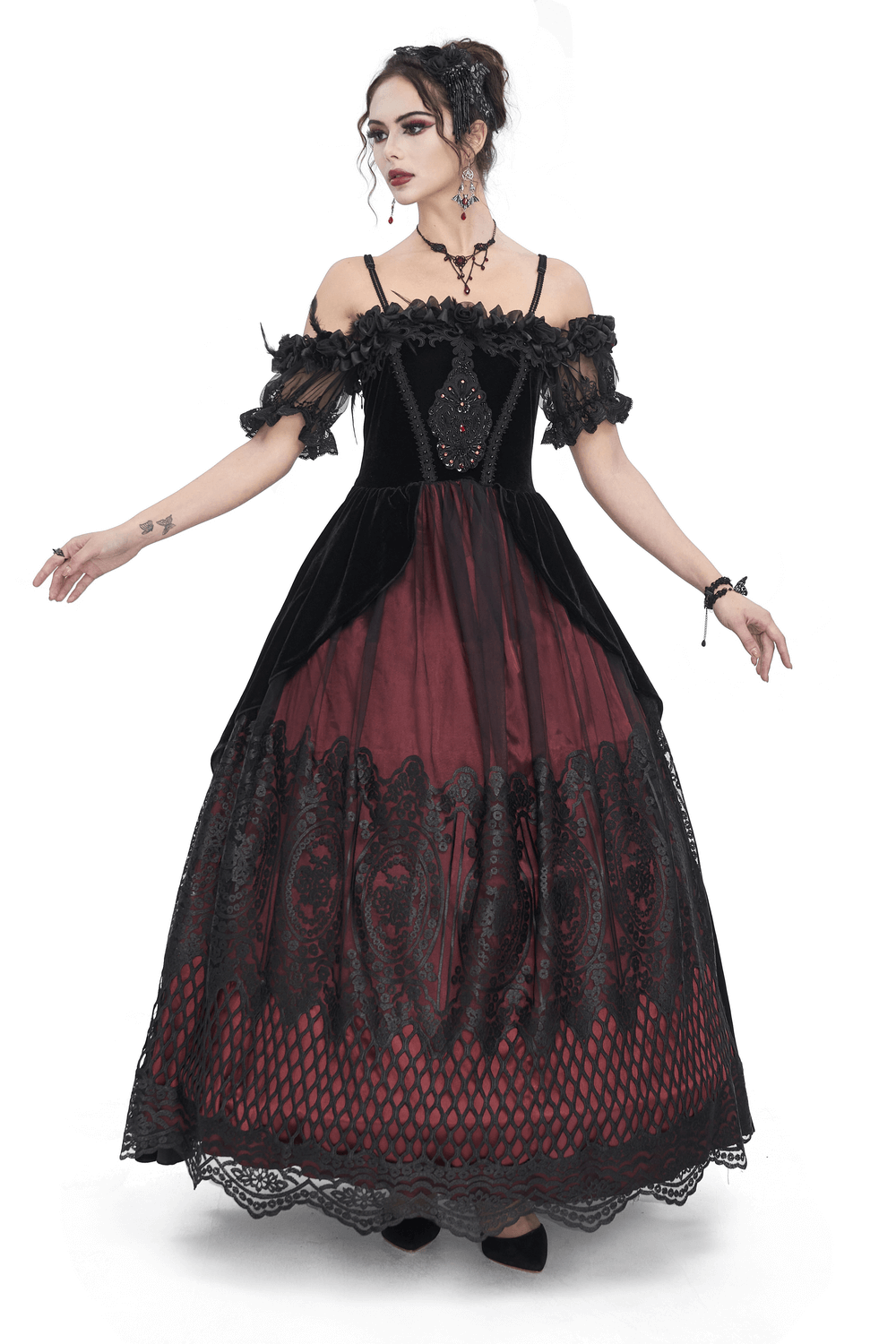Elegant velvet off-the-shoulder Victorian gown in black and burgundy, perfect for gothic style or Halloween.