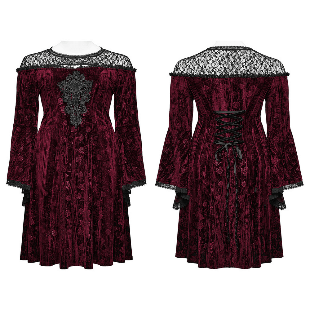 Elegant velvet rose midi dress with trumpet sleeves and lace embroidery detail, perfect for gothic style enthusiasts.