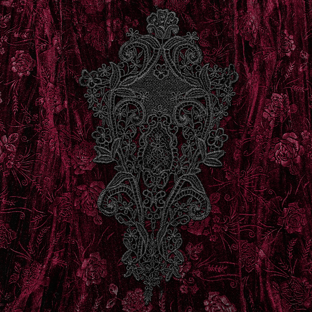 Intricate black lace embroidery on rich velvet fabric with floral patterns, perfect for Gothic-style elegance.