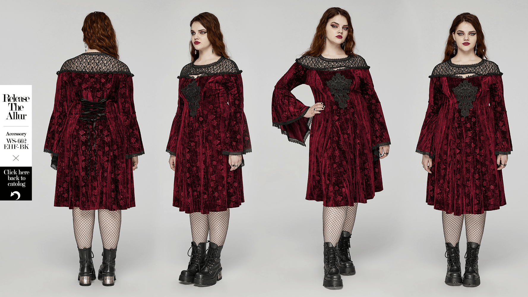 Elegant velvet rose mesh dress with trumpet sleeves, featuring lace embroidery and a gothic design.