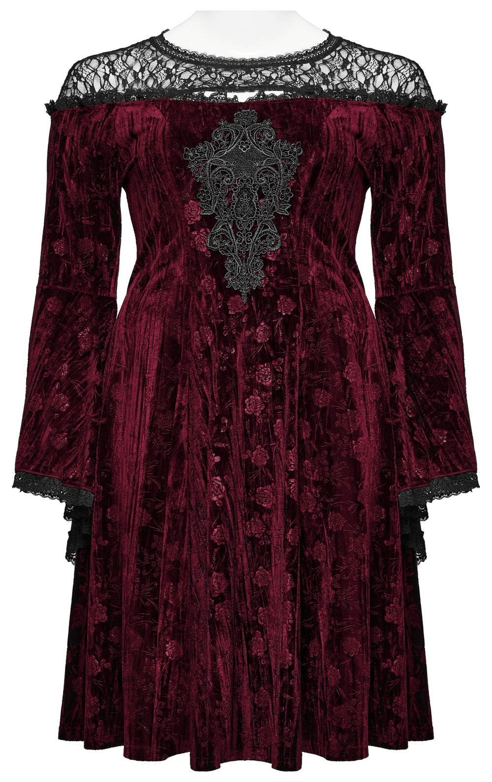Elegant burgundy velvet rose mesh dress with trumpet sleeves and lace embroidery detail for women.