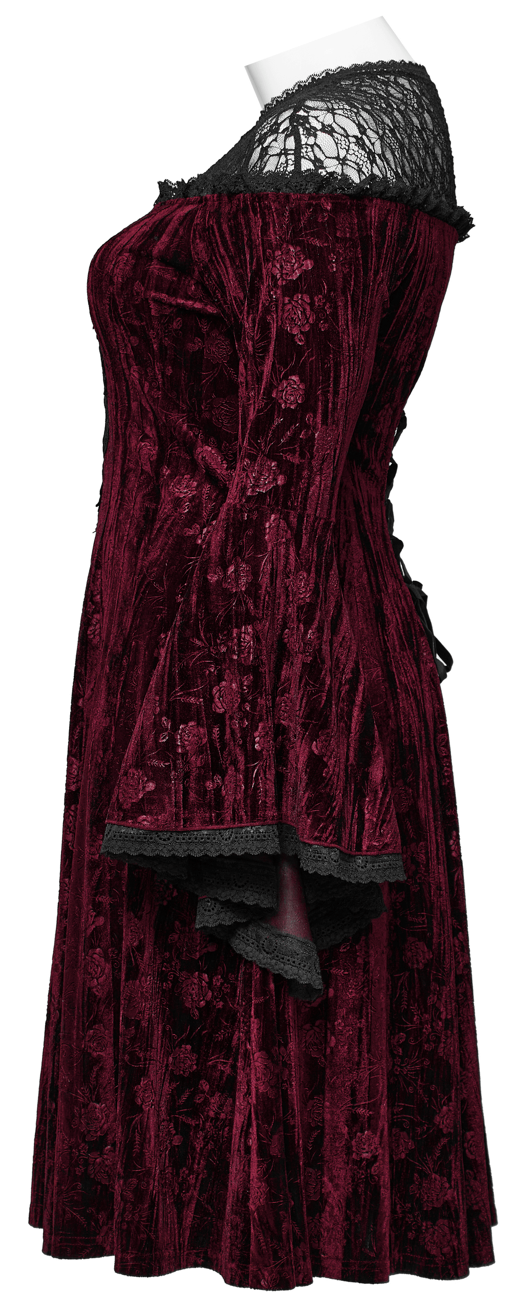 Elegant burgundy velvet dress with lace mesh and trumpet sleeves for a stunning Gothic look.