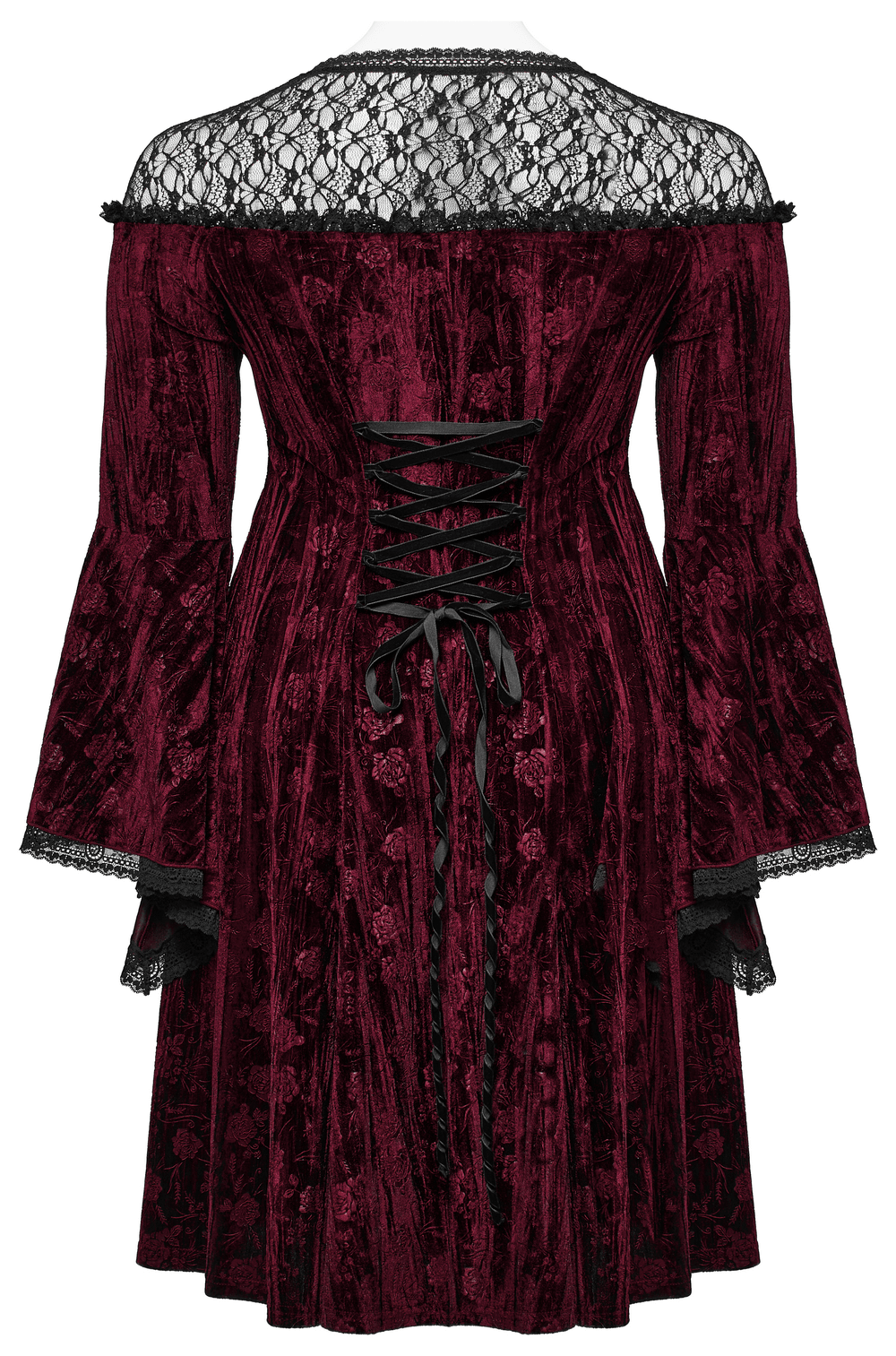 Back view of Elegant Velvet Rose Dress featuring lace overlay and trumpet sleeves in rich burgundy.