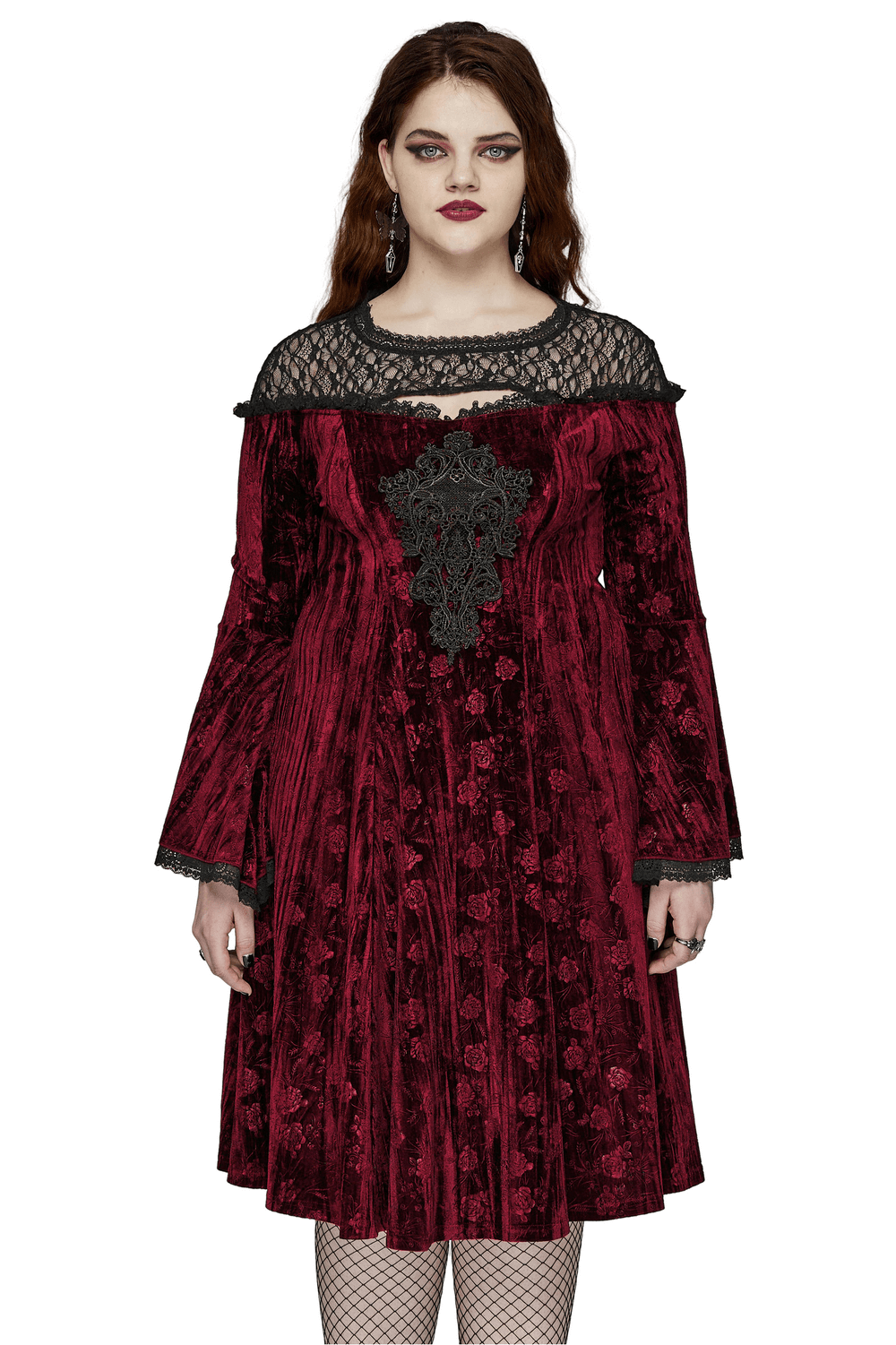 Elegant velvet rose mesh dress with trumpet sleeves and intricate lace embroidery for a gothic look.