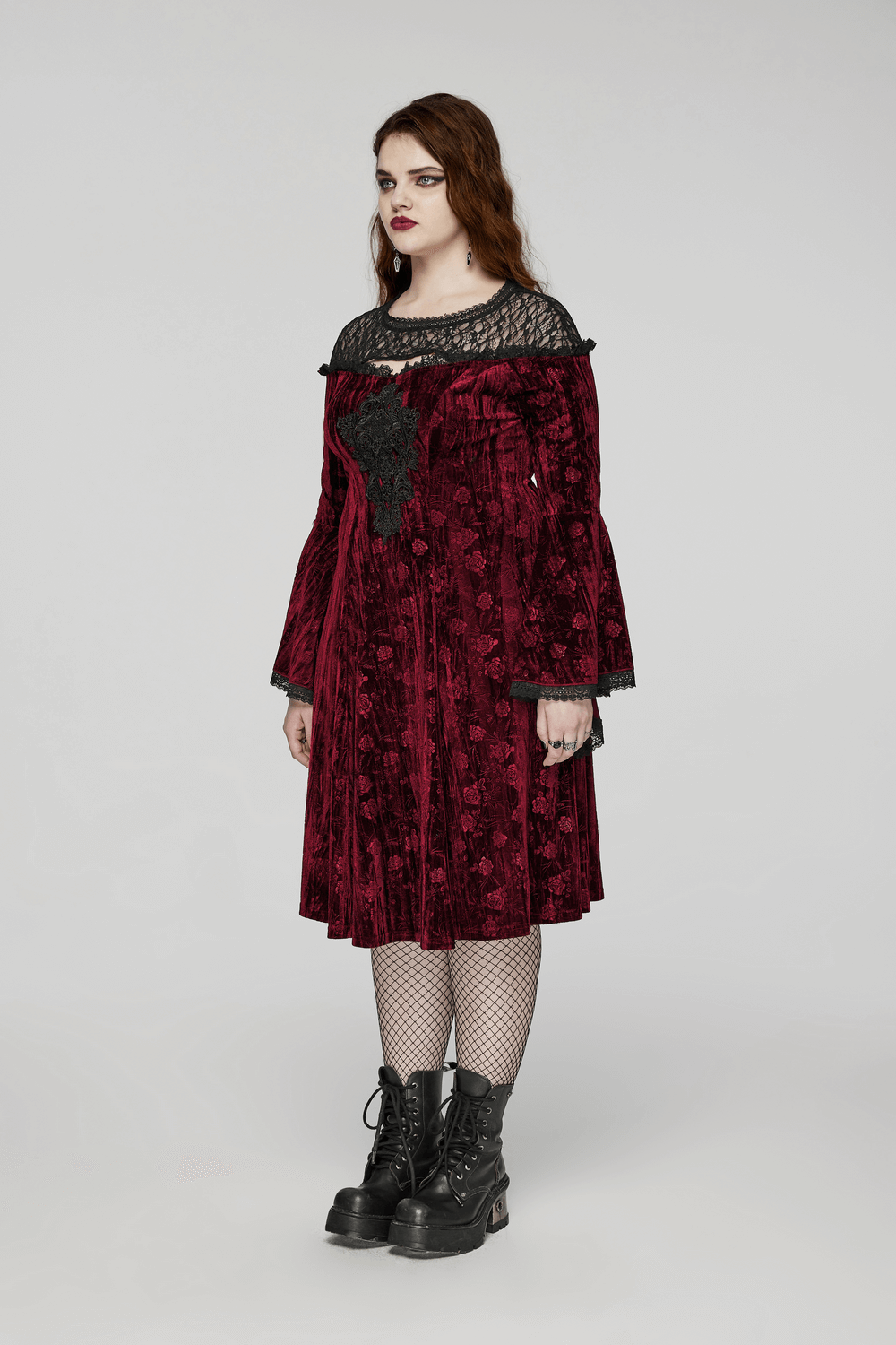 Elegant velvet rose mesh dress with trumpet sleeves, gothic style, perfect for evening wear.