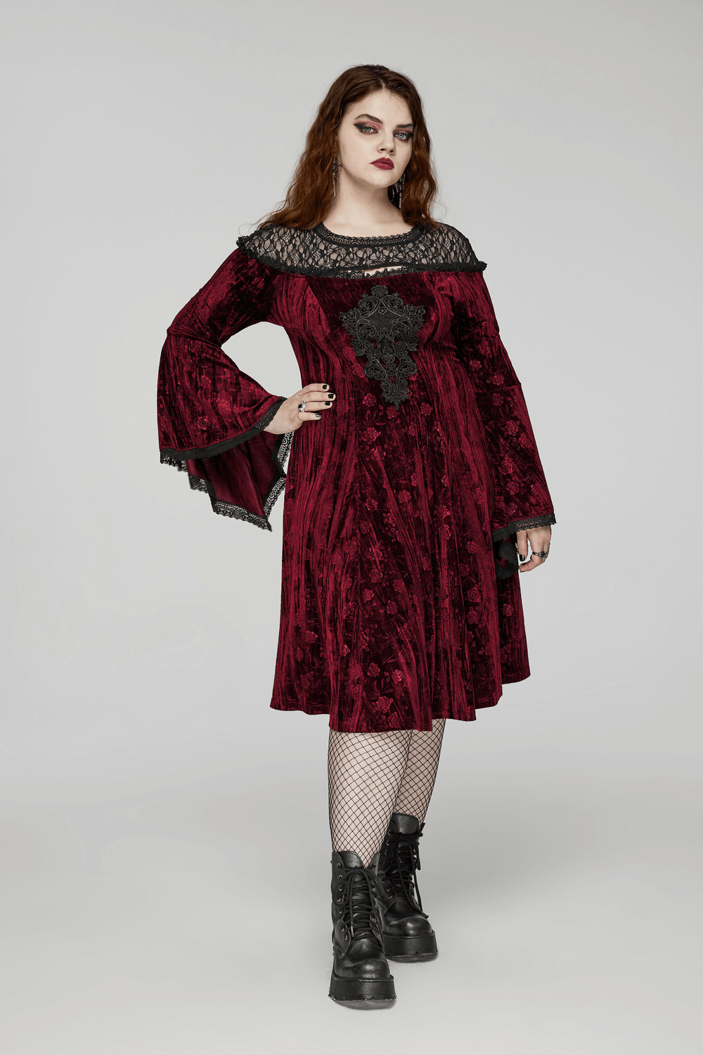 Gothic Velvet Rose Midi Dress with trumpet sleeves, lace embroidered detail, perfect for evening events.