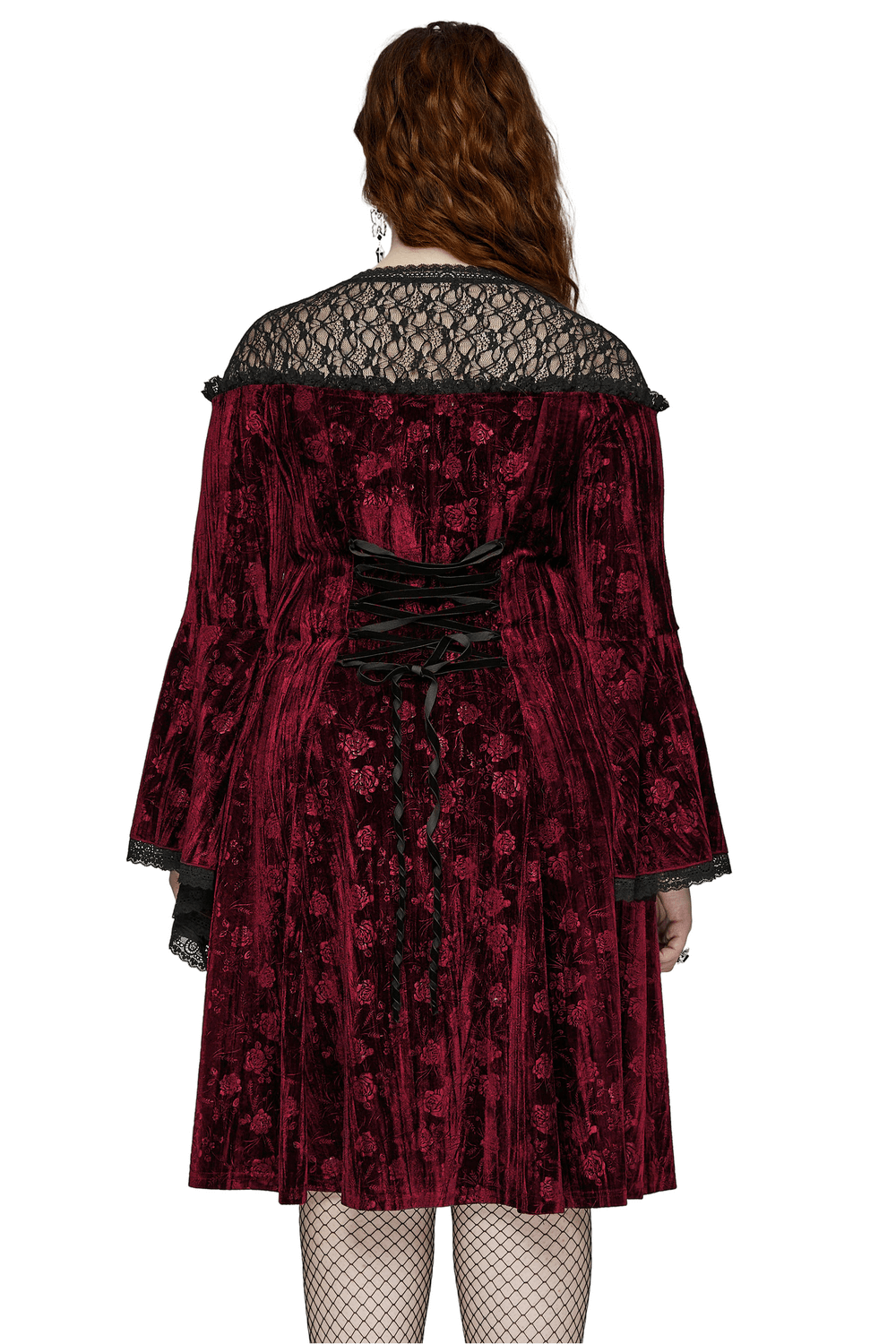 Back view of the elegant velvet rose mesh dress showcasing trumpet sleeves and lace detailing.