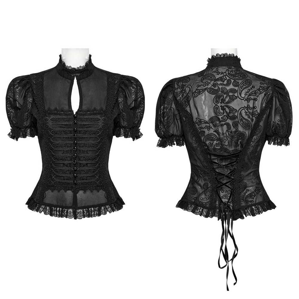 Elegant Victorian black lace chiffon corset blouse with puff sleeves and stunning lace detailing.