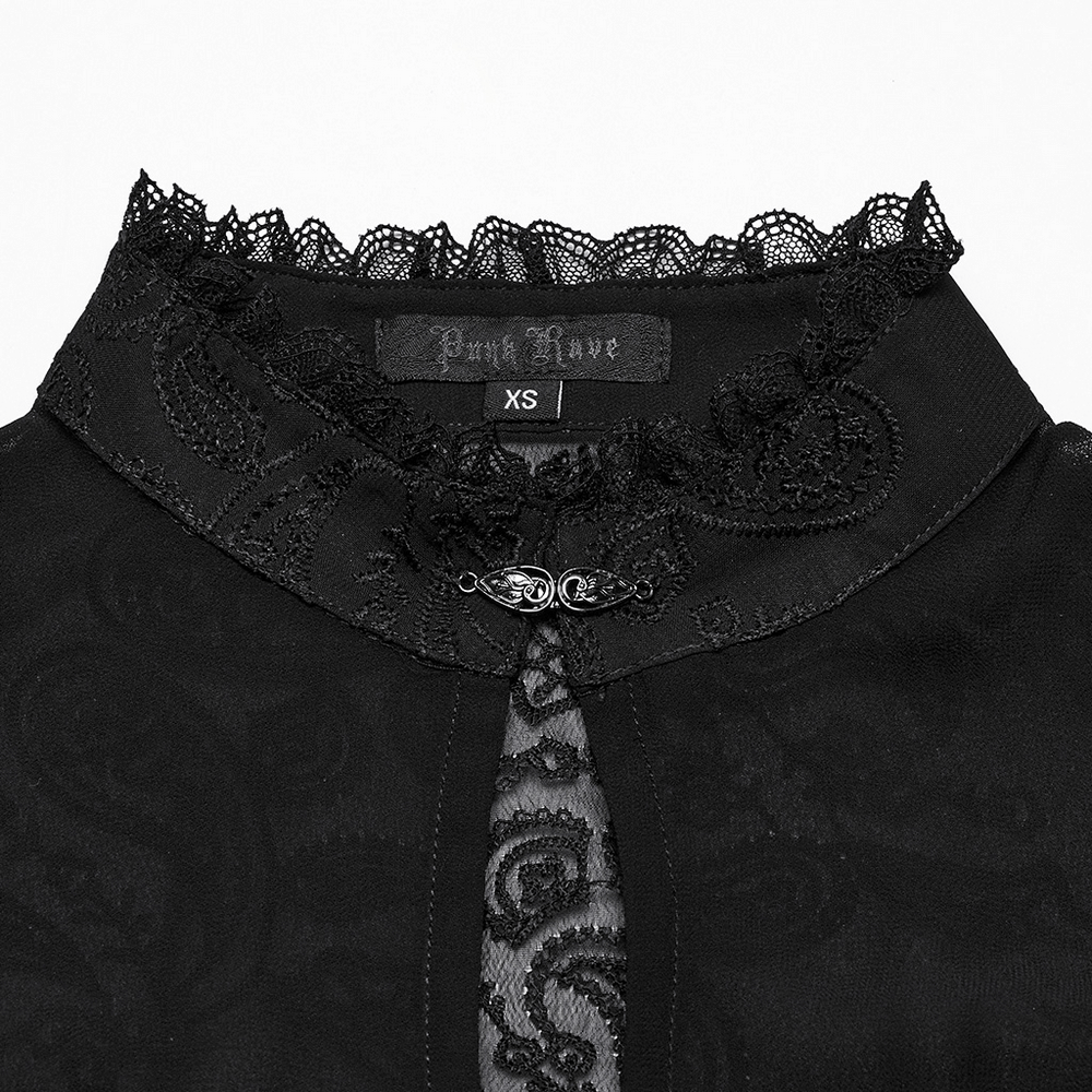 Elegant Victorian black lace chiffon blouse with intricate collar and lace detail for a gothic, romantic vibe.