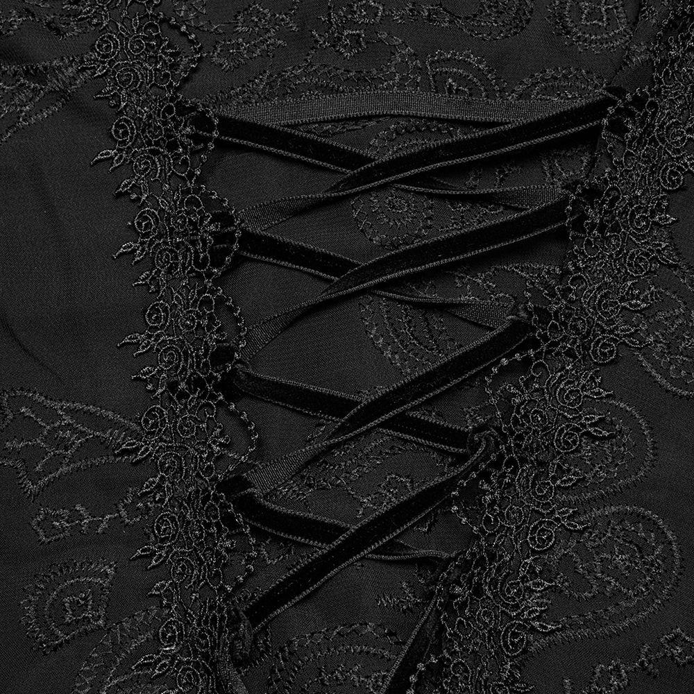 Elegant black lace detail and criss-cross design on a Gothic chiffon corset blouse.