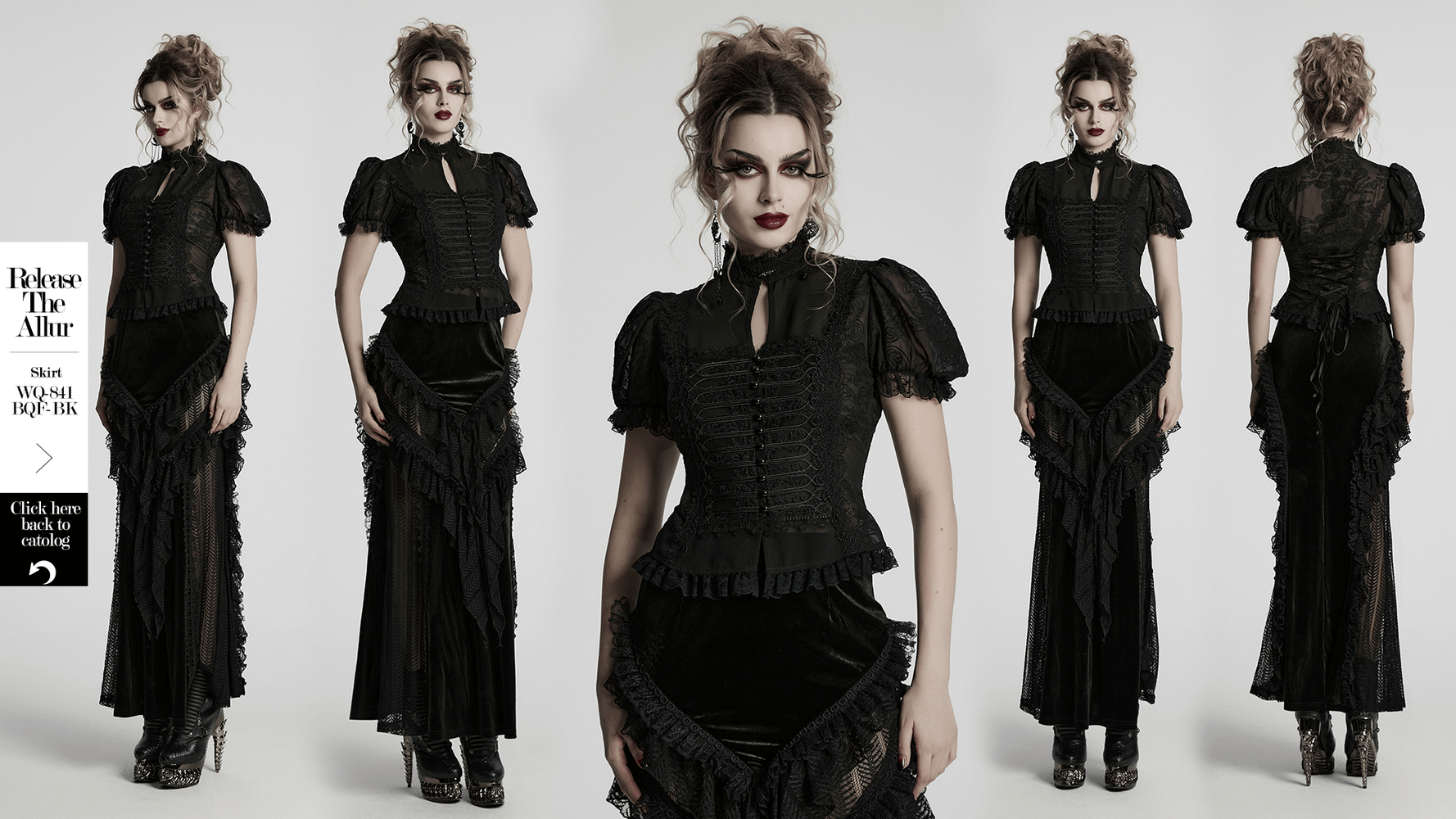 Elegant Victorian black corset blouse with lace puff sleeves, showcasing a romantic Gothic style in embroidered chiffon.