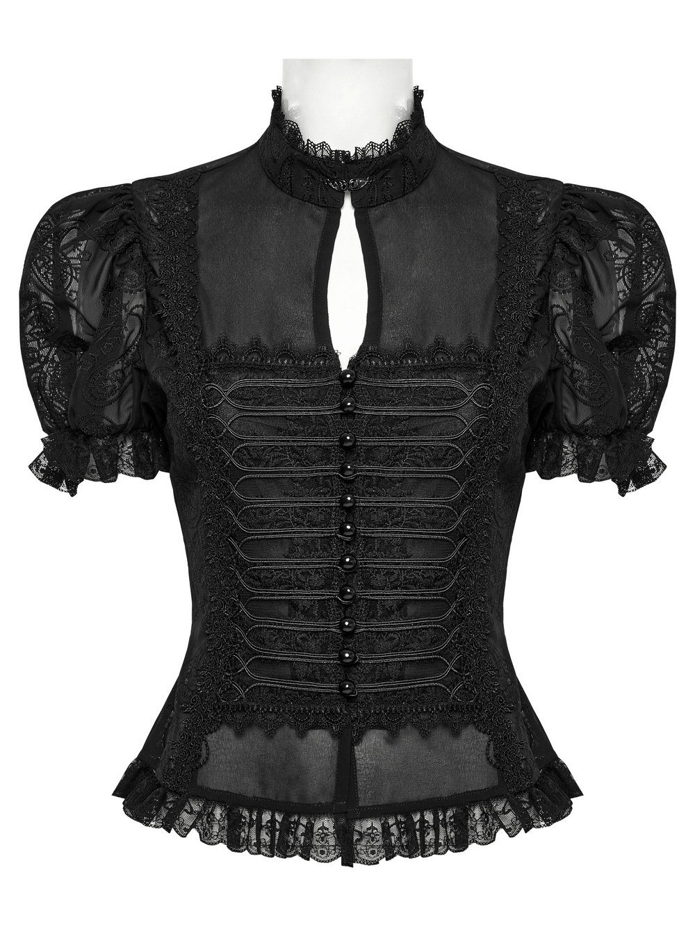 Elegant Victorian black lace chiffon corset blouse with puff sleeves and intricate detailing.