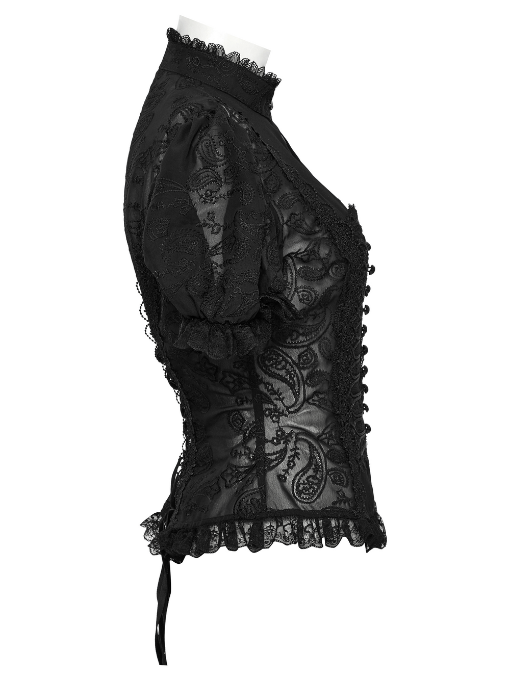Elegant Victorian black lace chiffon blouse with puff sleeves and intricate floral embroidery, perfect for a Gothic style.
