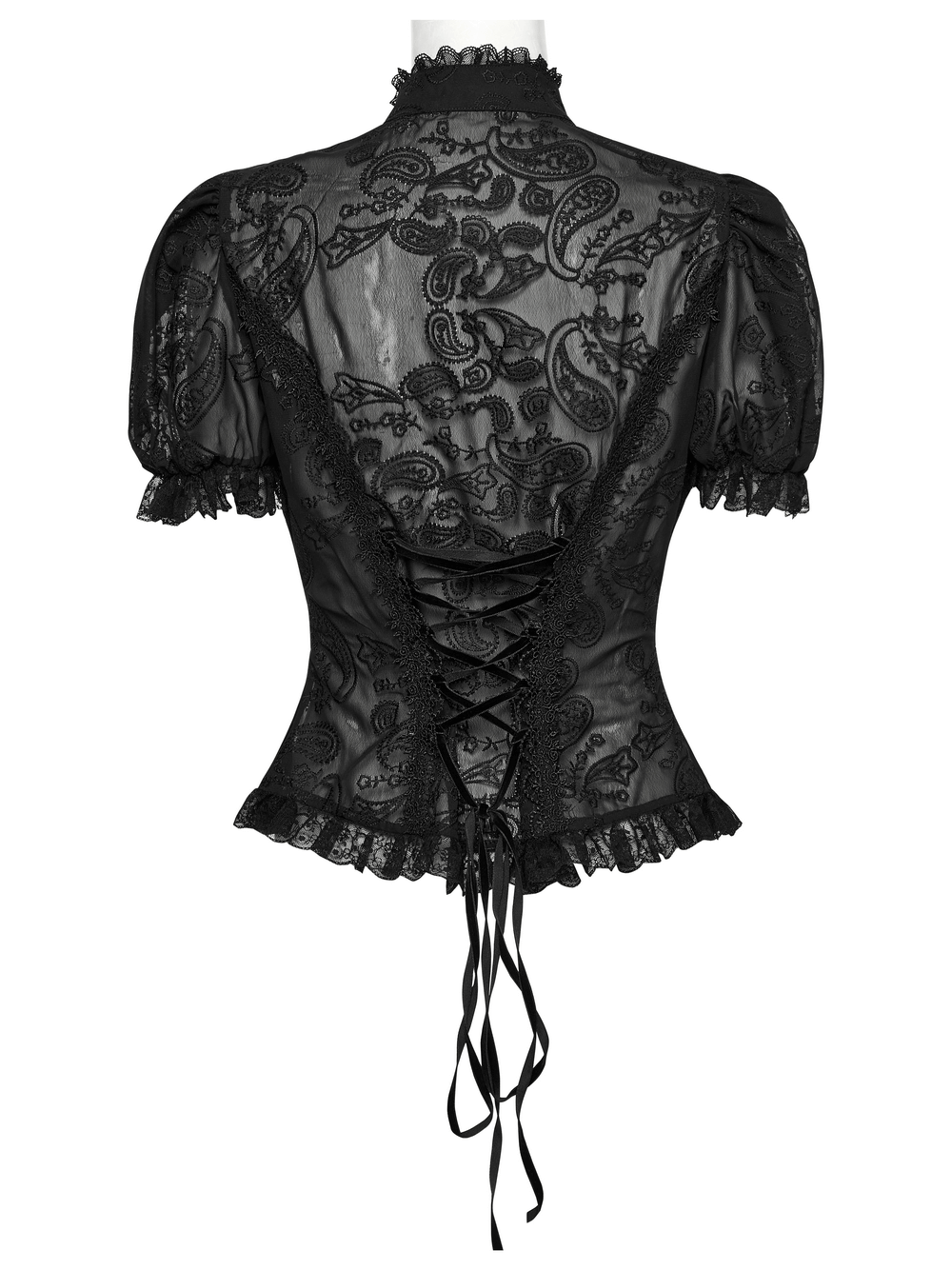Elegant black lace corset blouse with puff sleeves, showcasing intricate embroidery and a fitted lace-up back.