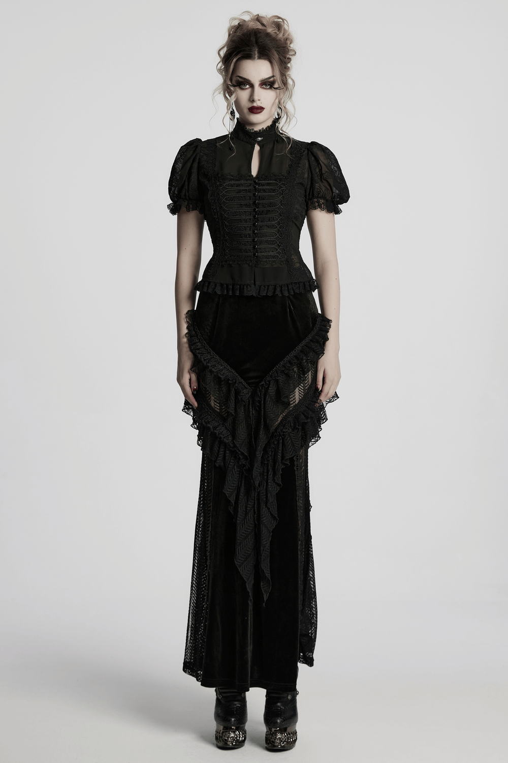 Elegant Victorian black lace chiffon corset blouse with puff sleeves and ruffles, exuding gothic romance.