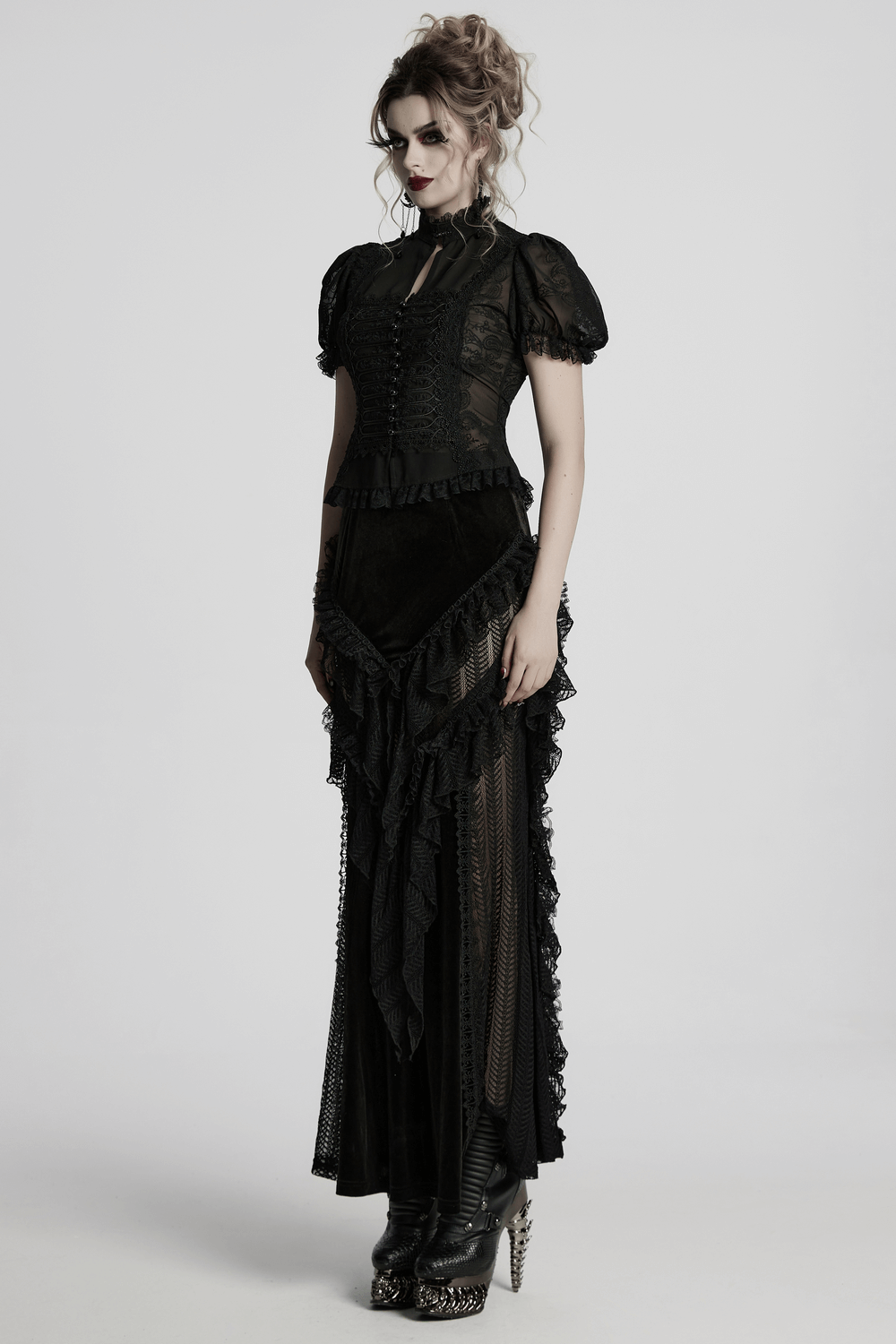 Elegant Victorian black lace chiffon corset blouse with puff sleeves, embodying Gothic romance and style.