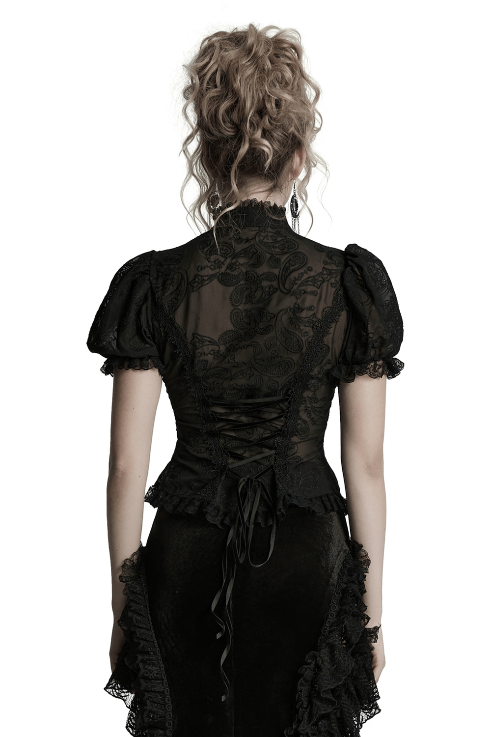 Elegant Victorian black lace chiffon blouse with puff sleeves and intricate embroidery, showcasing a Gothic style from the back.