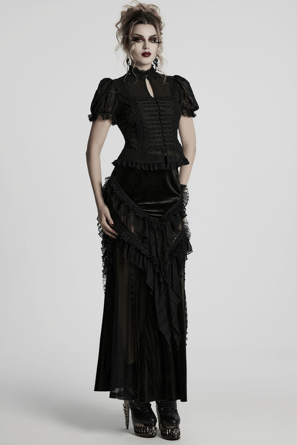 Elegant Victorian black lace chiffon corset blouse with puff sleeves, perfect for an enchanting gothic look.