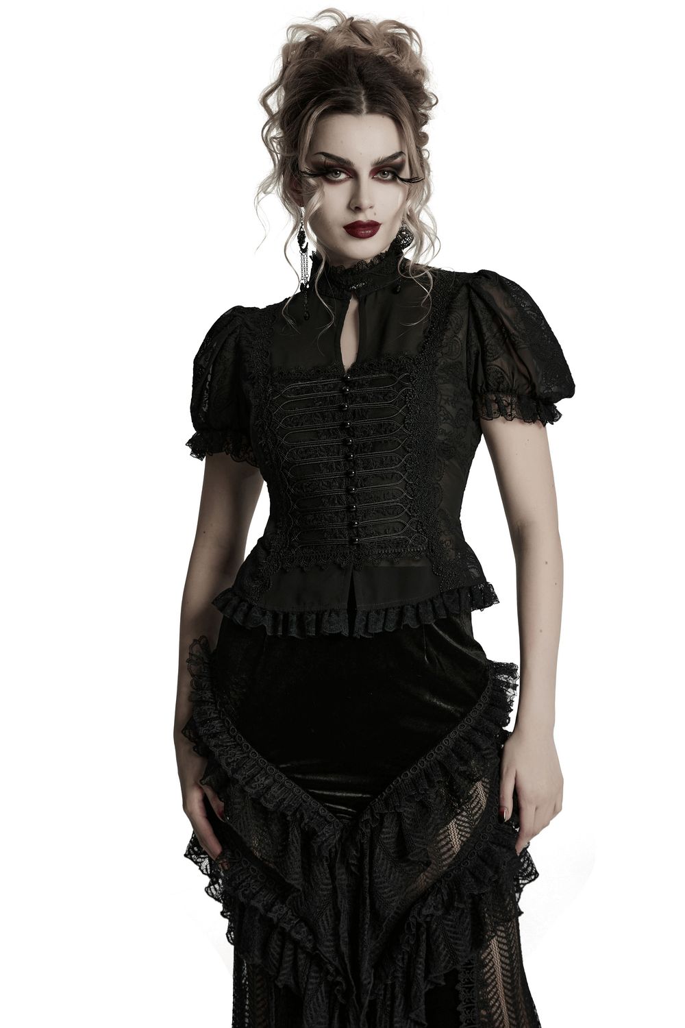 Elegant Victorian black lace chiffon corset blouse with puff sleeves, perfect for a gothic look.
