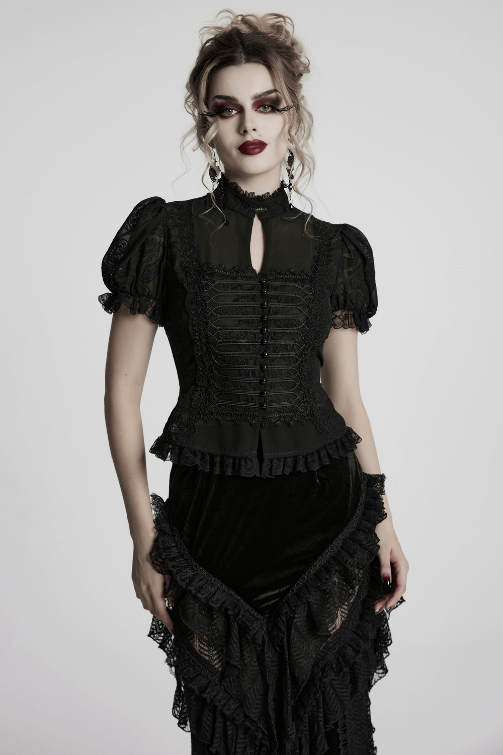 Elegant black lace chiffon corset blouse with puff sleeves, embodying Gothic romance and sophistication.
