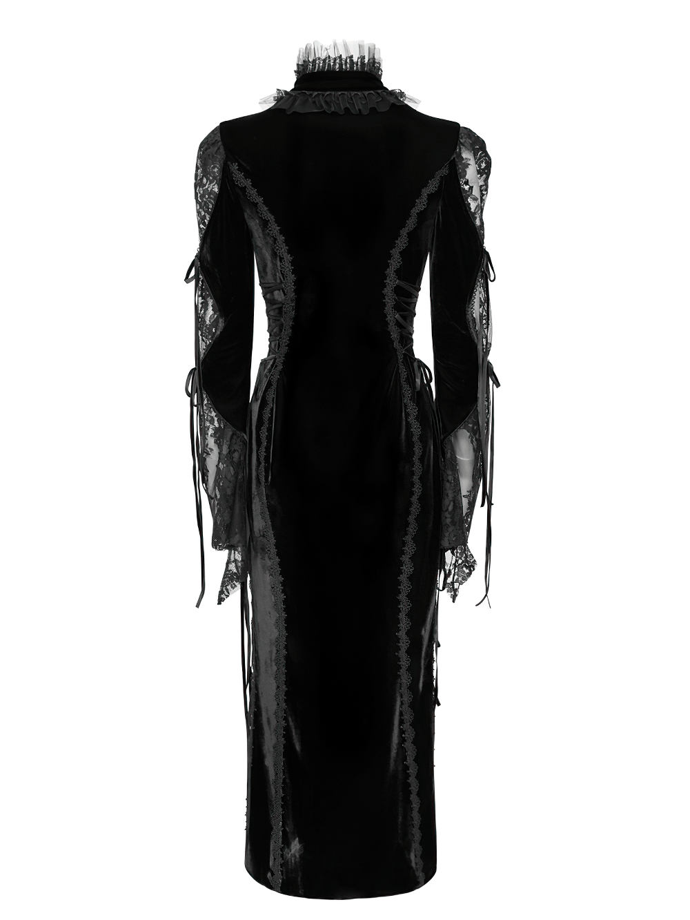 Elegant Victorian Black Velvet Maxi Dress with Lace, vampire goth long sleeve gown with sheer lace panels and ruffled collar