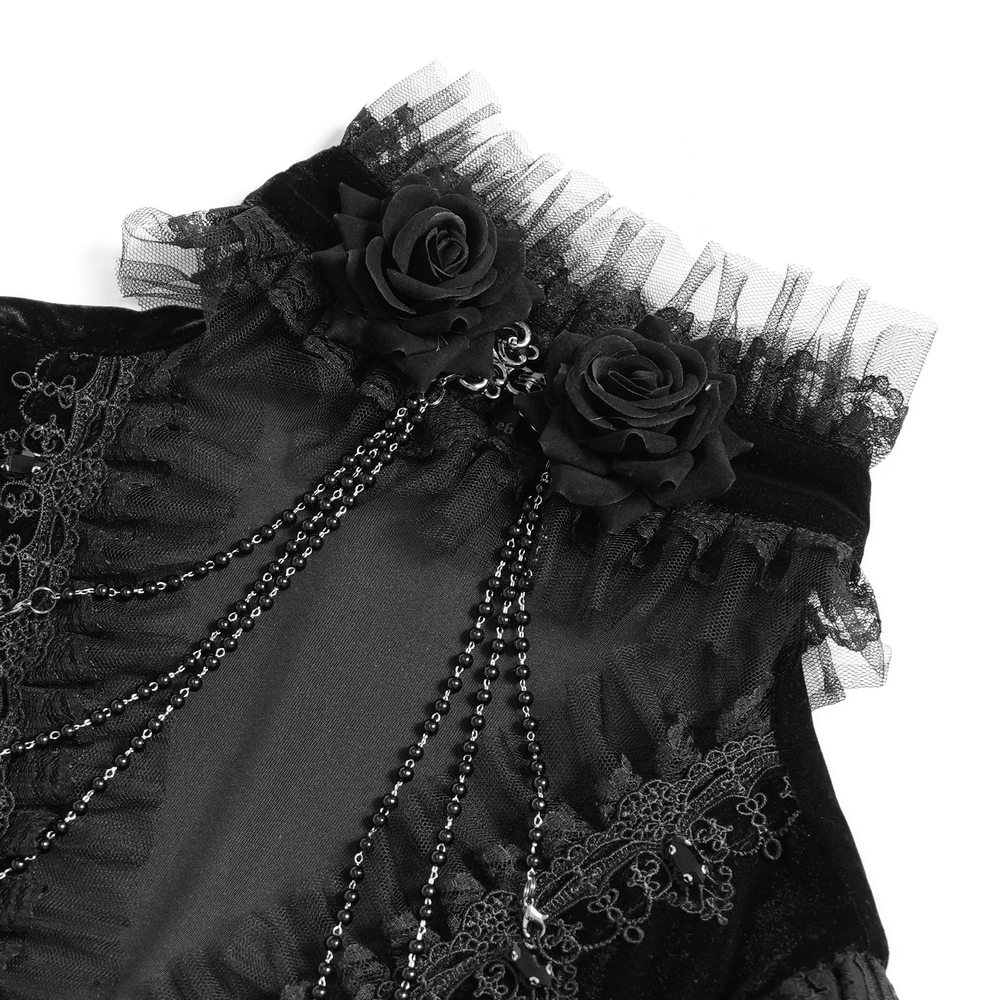 Elegant Victorian Black Velvet Maxi Dress with Lace gothic gown with rose accents, tulle ruffles, and beaded chains