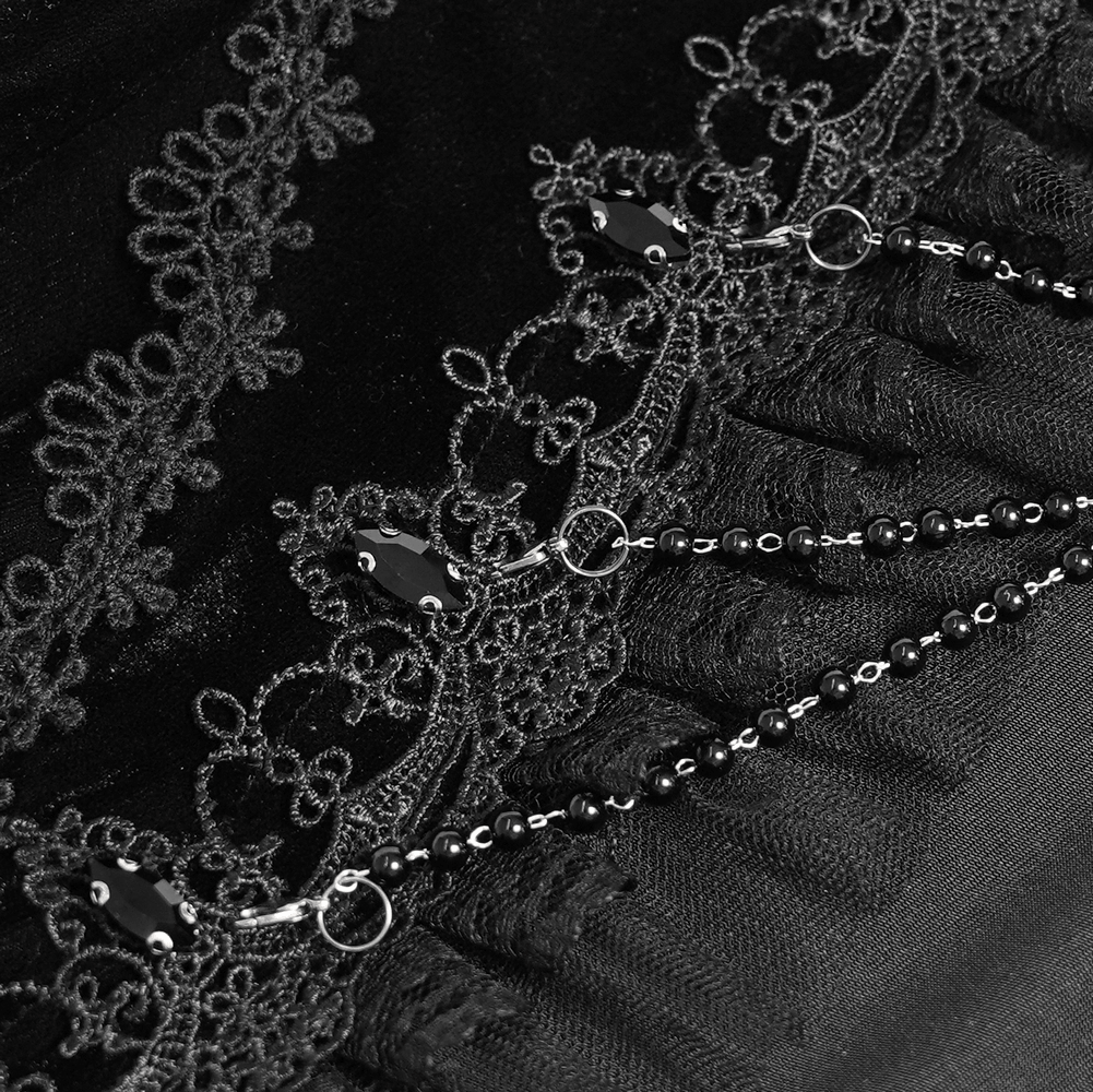Elegant Victorian Black Velvet Maxi Dress with Lace, gothic bead chains and sheer lace detail