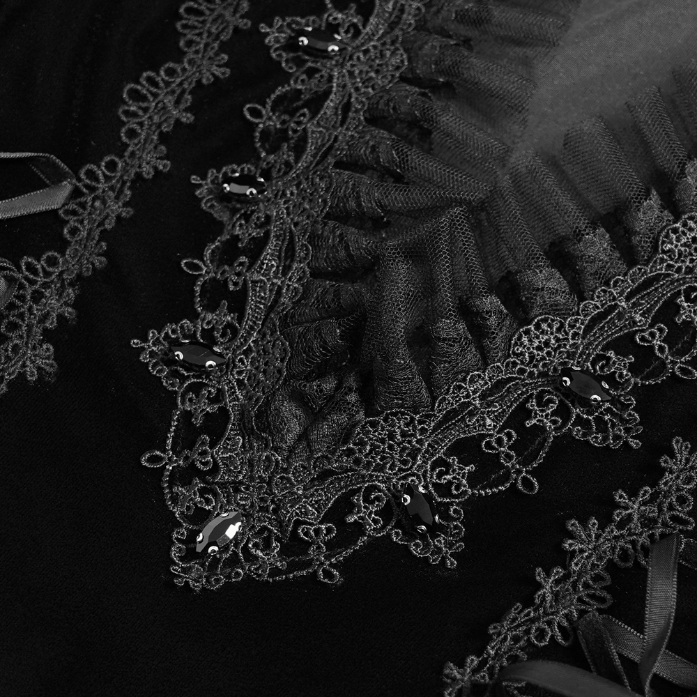 Elegant Victorian Black Velvet Maxi Dress with Lace, black gothic gown with sheer lace panels and jeweled trim