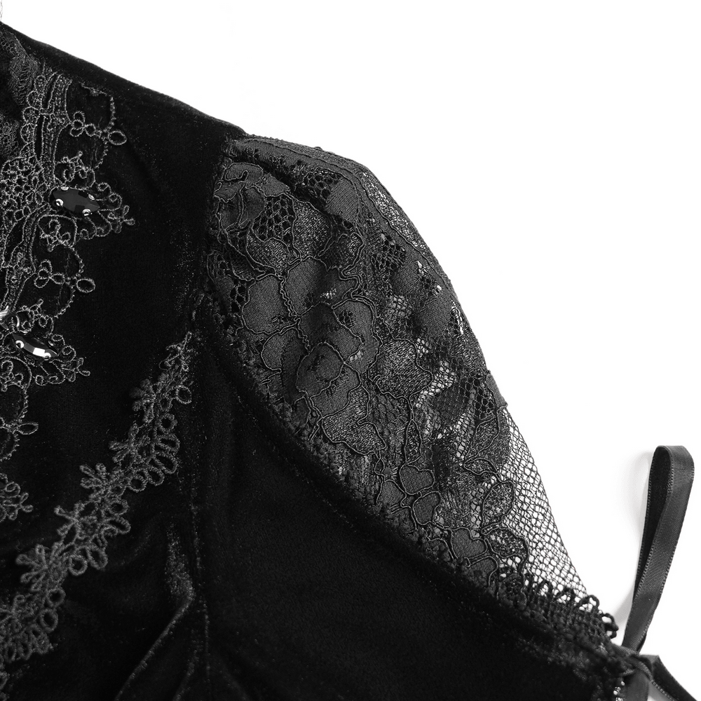 Elegant Victorian Black Velvet Maxi Dress with Lace, sheer gothic lace sleeve and velvet bodice detail
