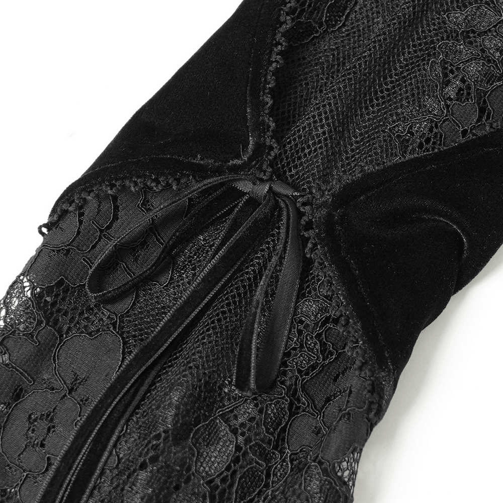 Elegant Victorian Black Velvet Maxi Dress with Lace, gothic sleeve close-up with sheer lace panels and ribbon tie
