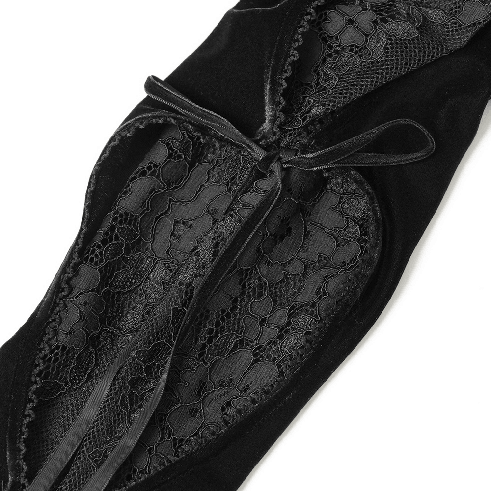 Elegant Victorian Black Velvet Maxi Dress with Lace, close-up of gothic velvet and sheer lace panels with ribbon tie