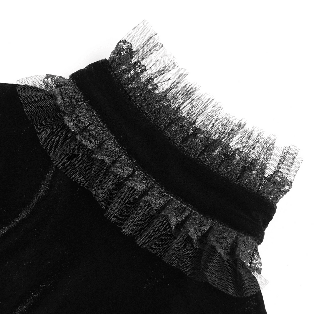 Elegant Victorian Black Velvet Maxi Dress with Lace black velvet ruffled lace neckline and sheer gothic trim