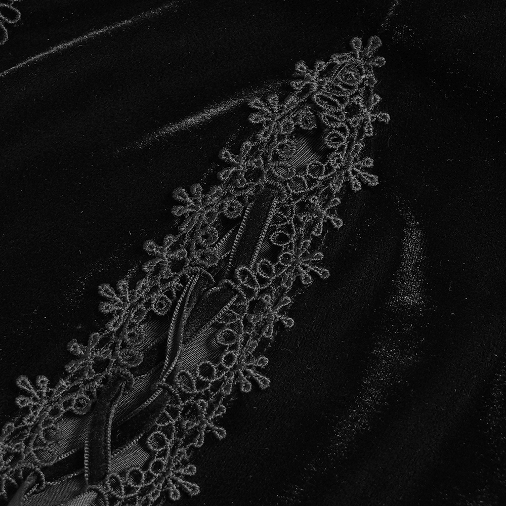 Elegant Victorian Black Velvet Maxi Dress with Lace black velvet close-up with ornate lace trim and gothic detail