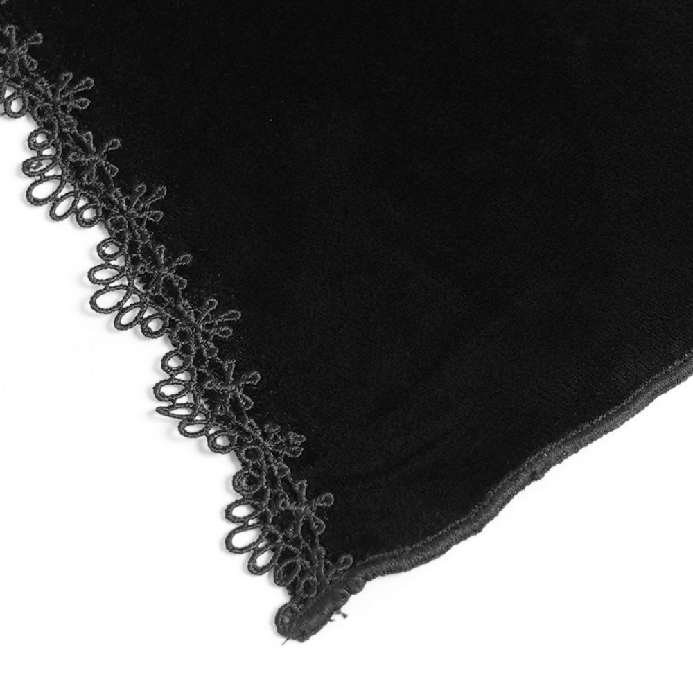 Elegant Victorian Black Velvet Maxi Dress with Lace close-up of gothic black lace trim and velvet fabric