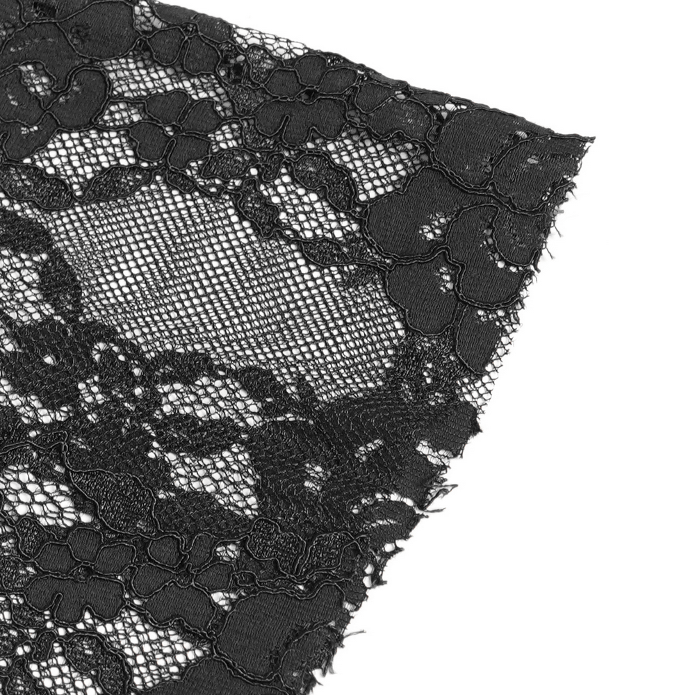 Elegant Victorian Black Velvet Maxi Dress with Lace black floral lace close-up, gothic romantic fabric detail