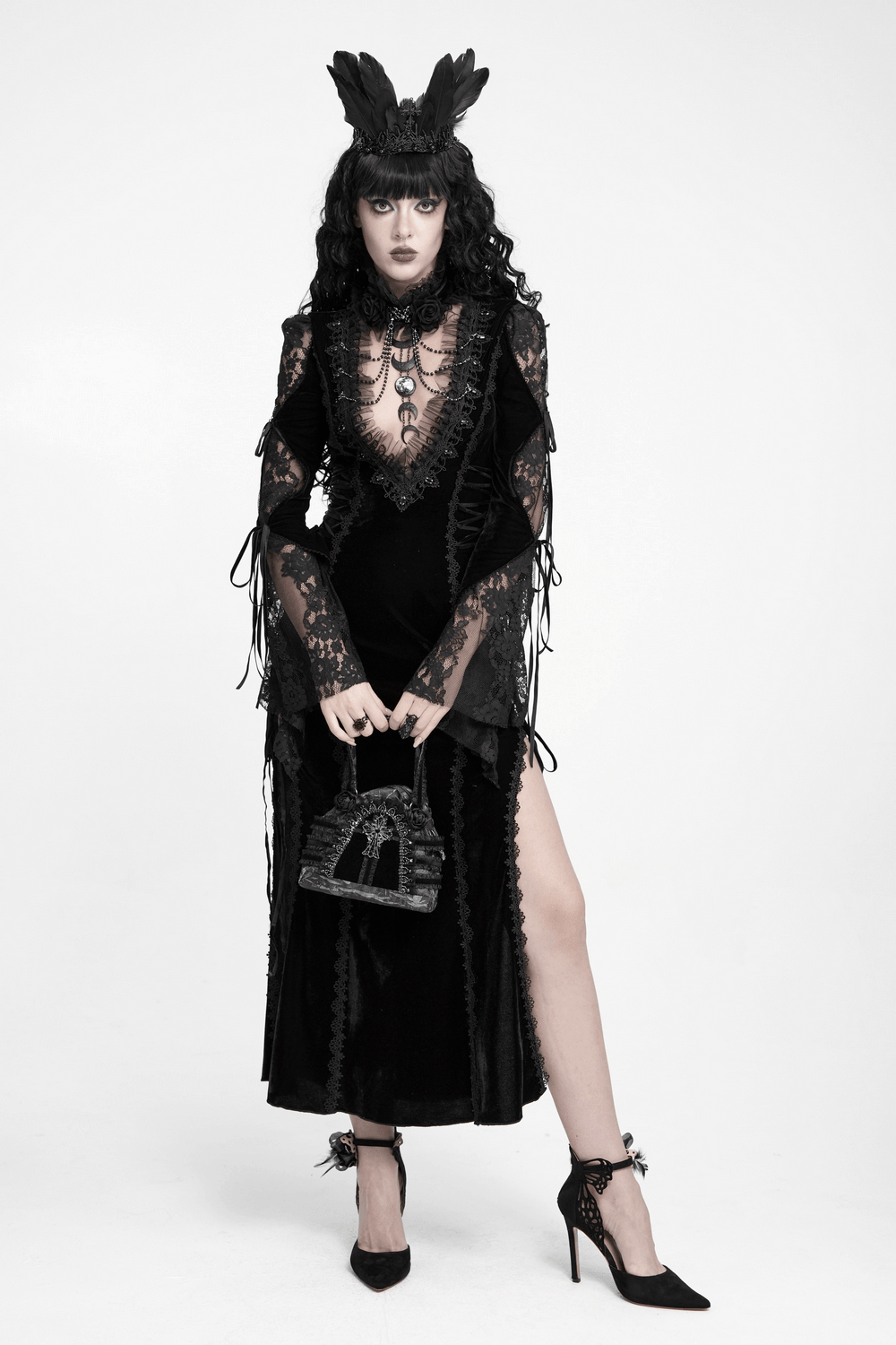 Elegant Victorian Black Velvet Maxi Dress with Lace gothic vampire gown with sheer lace sleeves, high slit, and dramatic dark romance