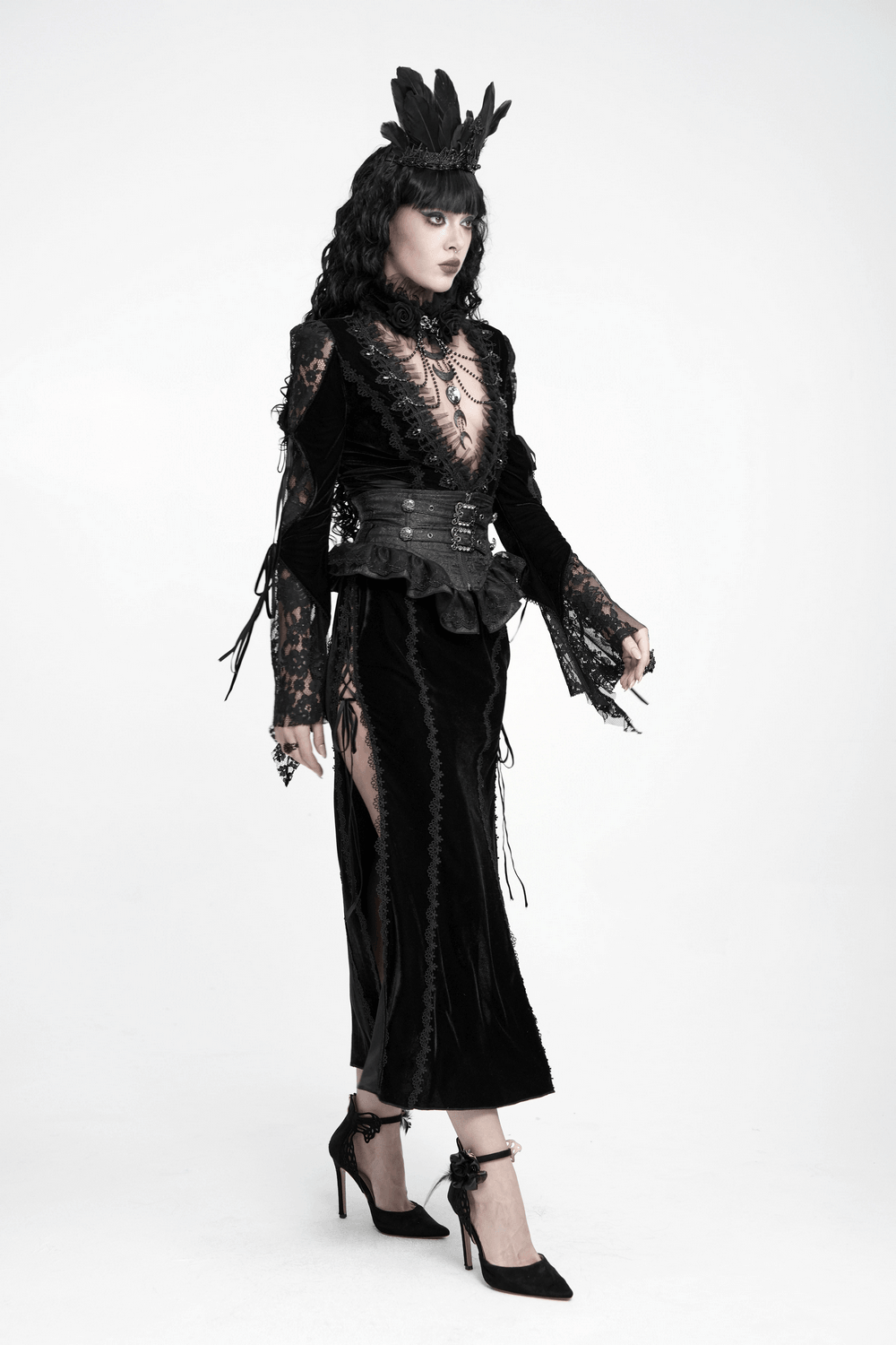 Elegant Victorian Black Velvet Maxi Dress with Lace, dark gothic gown with sheer sleeves and high slit