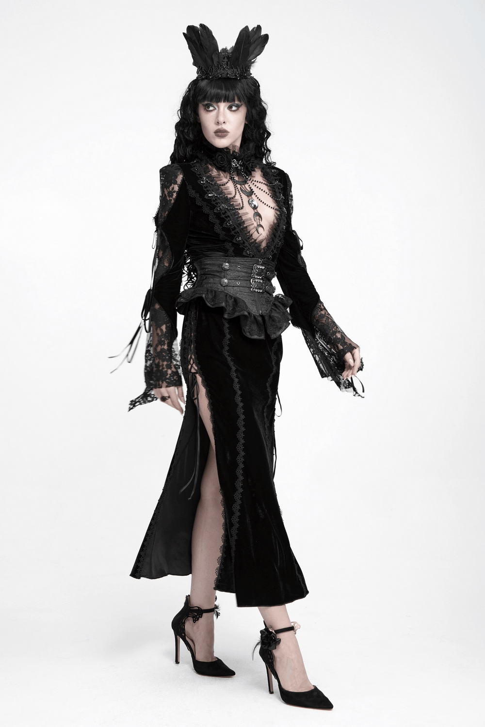 Elegant Victorian Black Velvet Maxi Dress with Lace, gothic long sleeve gown with sheer panels and thigh-high slit