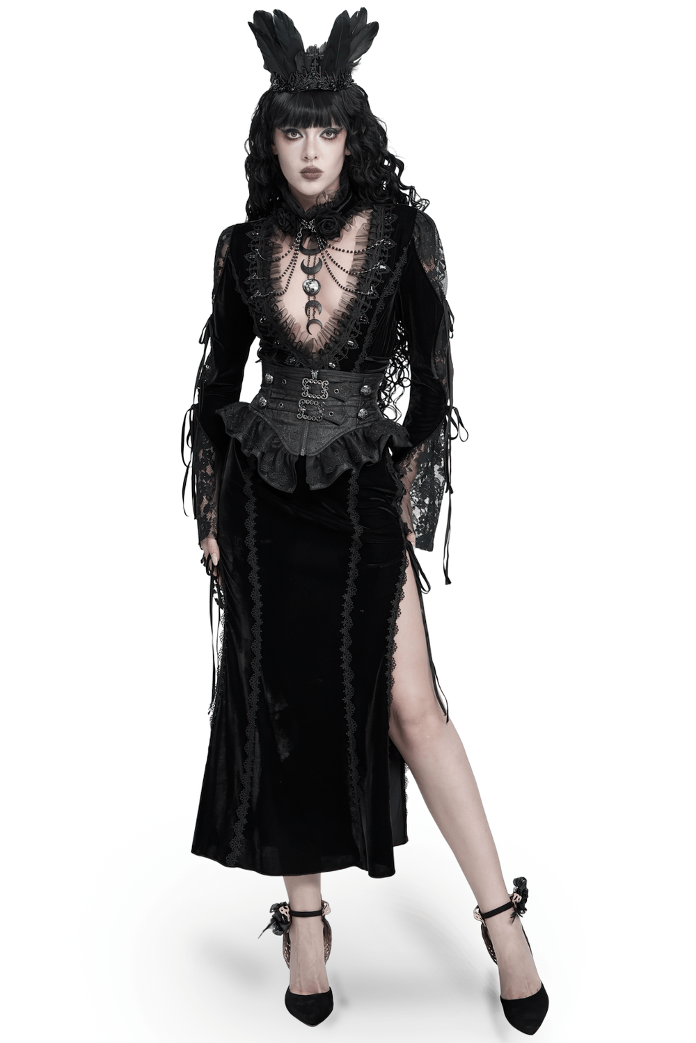 Elegant Victorian Black Velvet Maxi Dress with Lace gothic gown with sheer lace sleeves, corset waist, and thigh-high slit