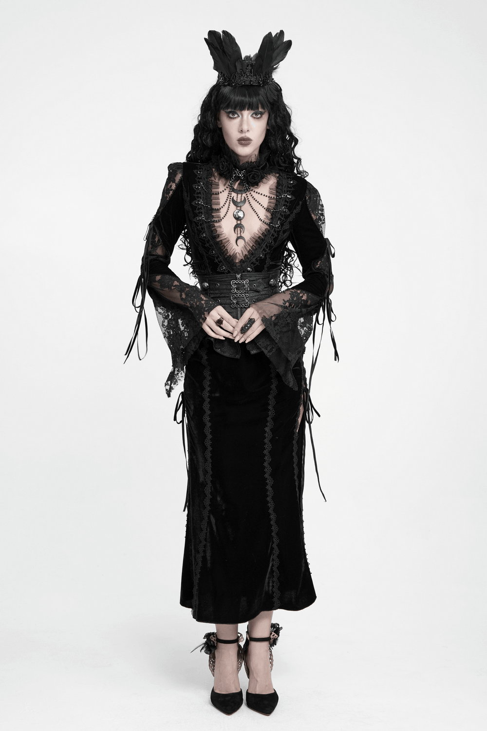 Elegant Victorian Black Velvet Maxi Dress with Lace, vampire goth long sleeve gown with sheer lace panels