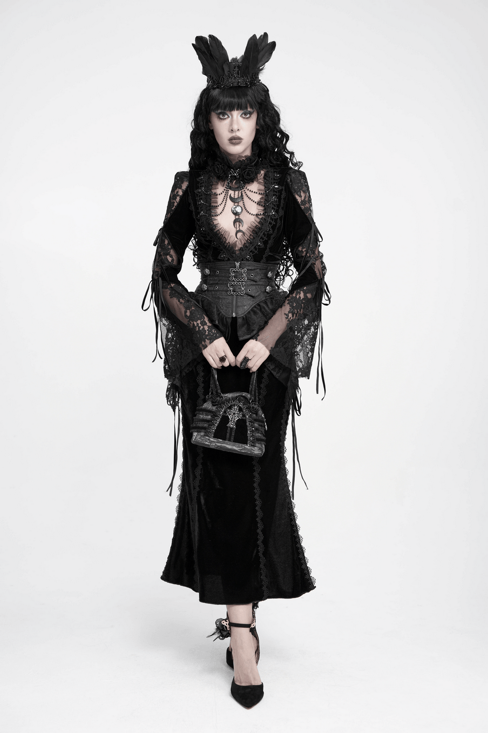Elegant Victorian Black Velvet Maxi Dress with Lace goth gown, sheer lace sleeves, corset waist, and dramatic black romantic style.