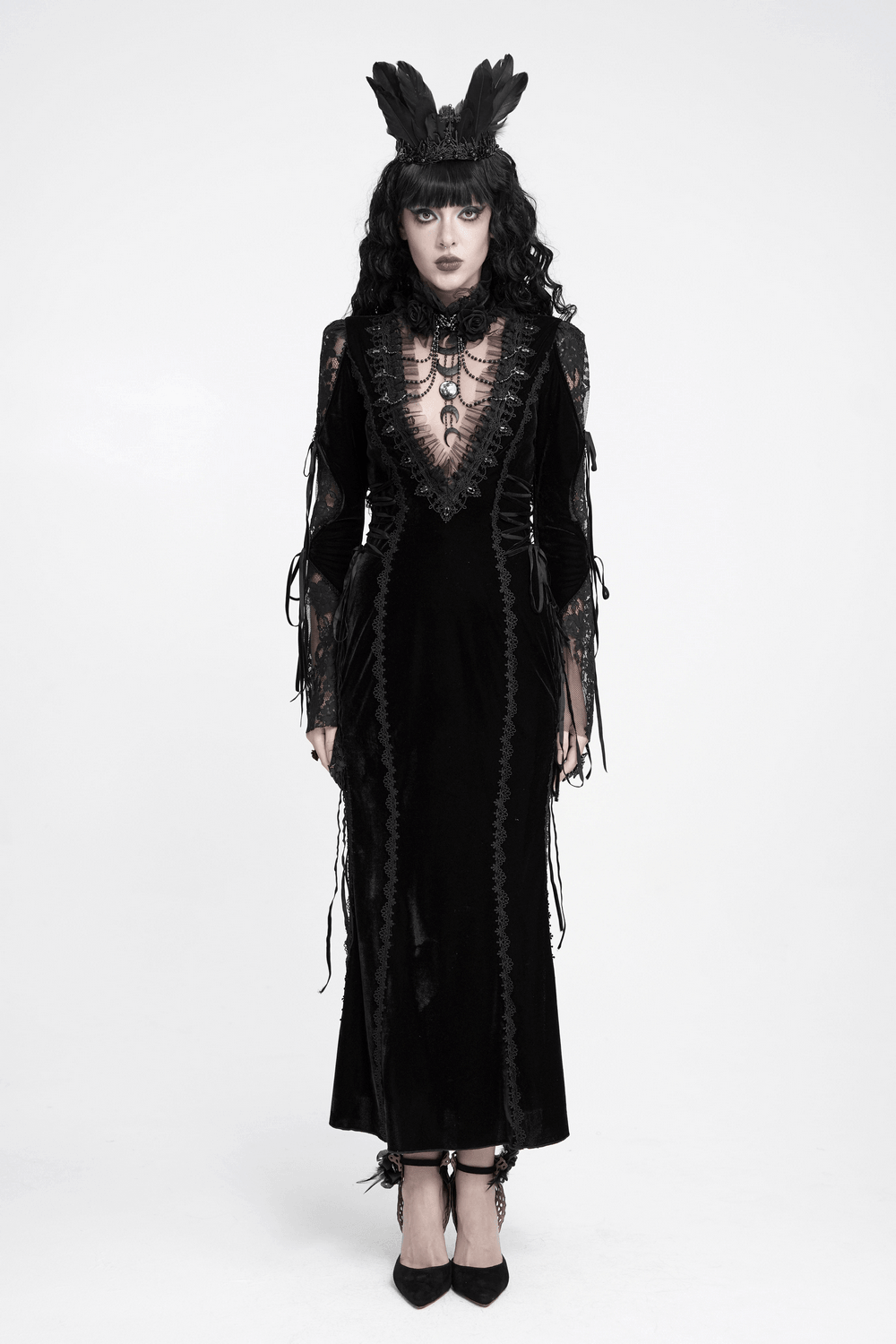 Elegant Victorian Black Velvet Maxi Dress with Lace goth gown, sheer sleeves, lace panels, and dark romantic detailing