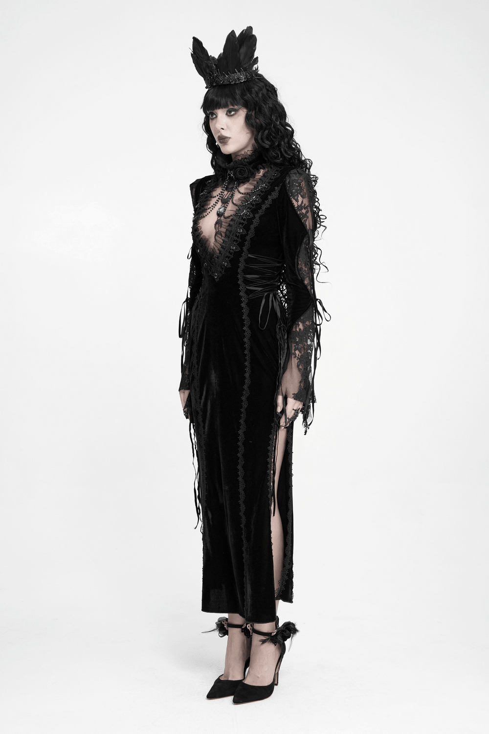 Elegant Victorian Black Velvet Maxi Dress with Lace, dark gothic gown with sheer lace sleeves and thigh-high slit